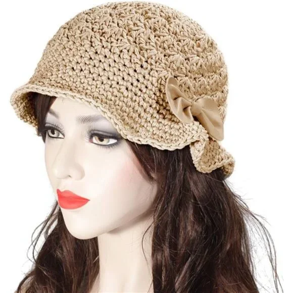 Women Winter Crochet Bucket Hat Bow Khaki